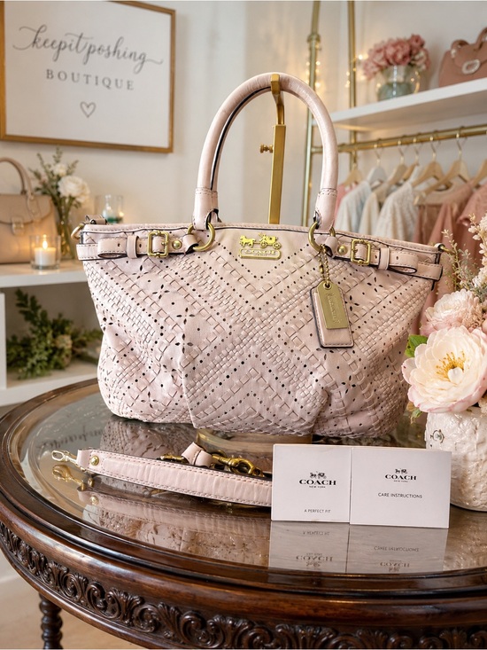 Coach Handbags - Coach Blush Pink Woven Leather Shoulder Bag with Gold Hardware